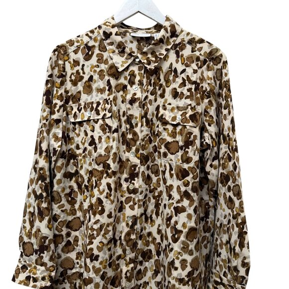 SUSAN GRAVER Womens Top Large Petite Leopard Brown Button Up Blouse NWOT - Picture 6 of 10